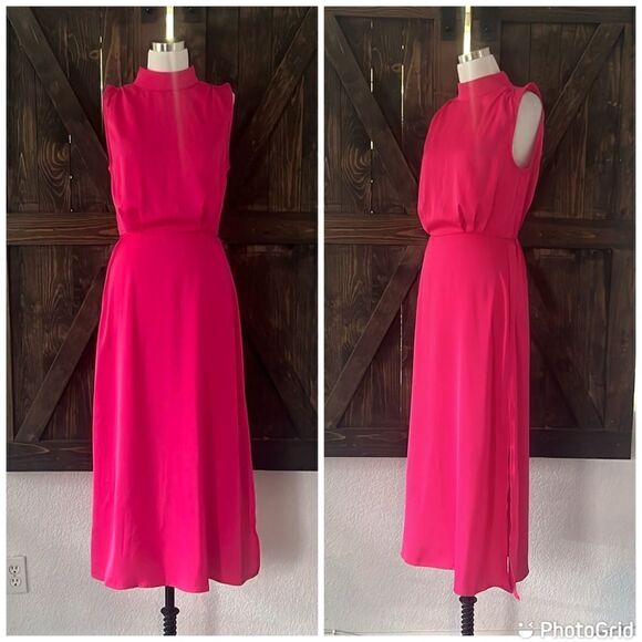 Btfbm Dresses & Skirts - BTFBM Mock Neck Split Thigh Satin A-Line Dress